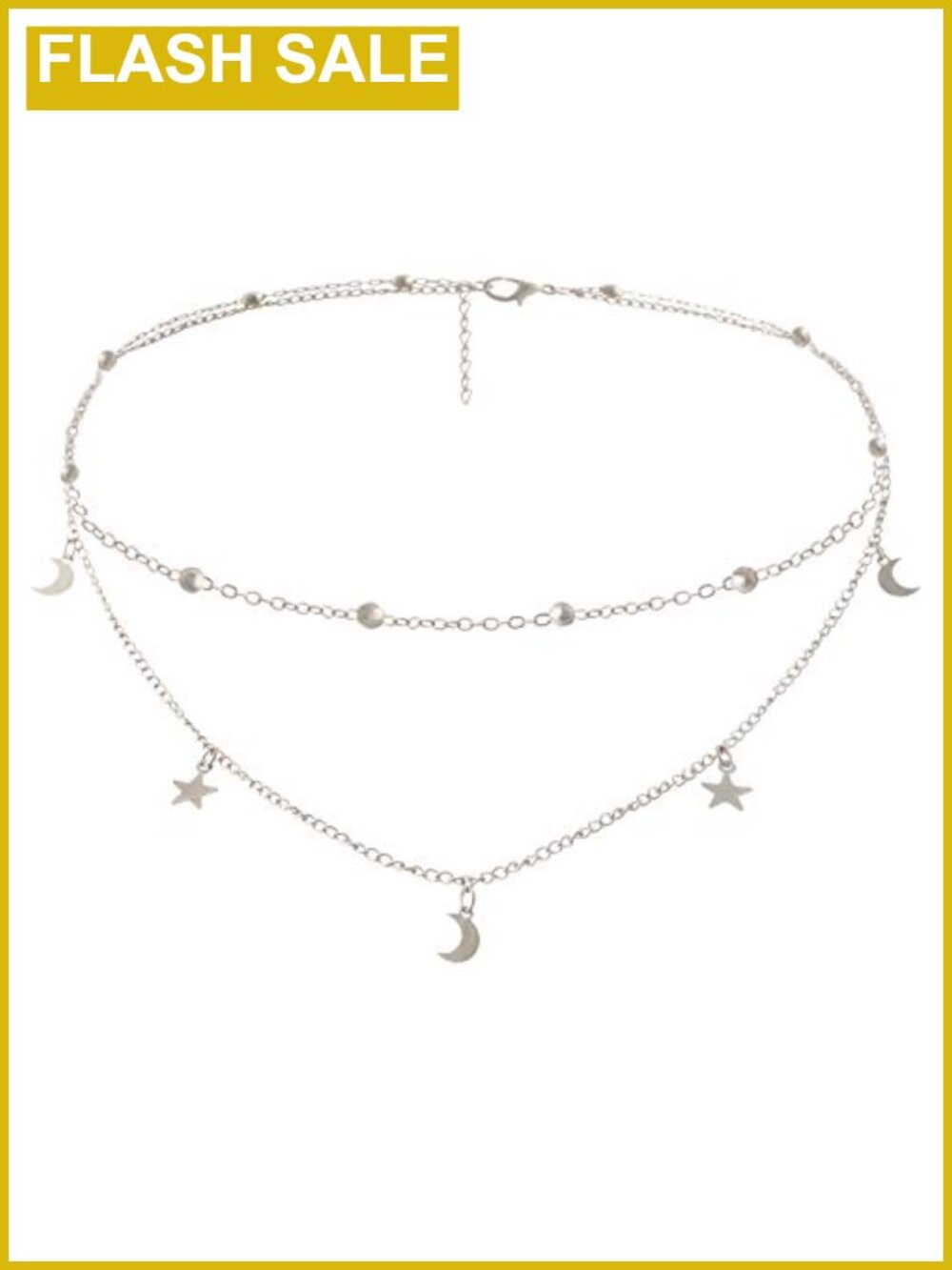 Layered Choker Necklace Plated Base Metal Silver Tone Star Moon Charm